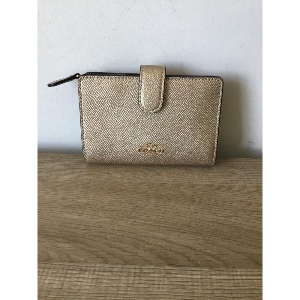 Coach Medium Corner Zip Wallet in Metallic Pale Gold Crossgrain Leather